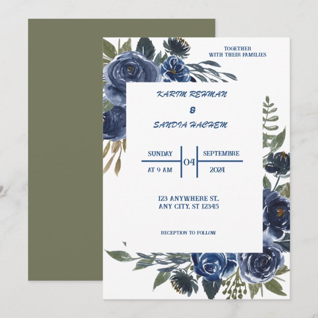 Ro Blommigt Navy Blue Bröllop Inbjudningar (Fram/baksida)