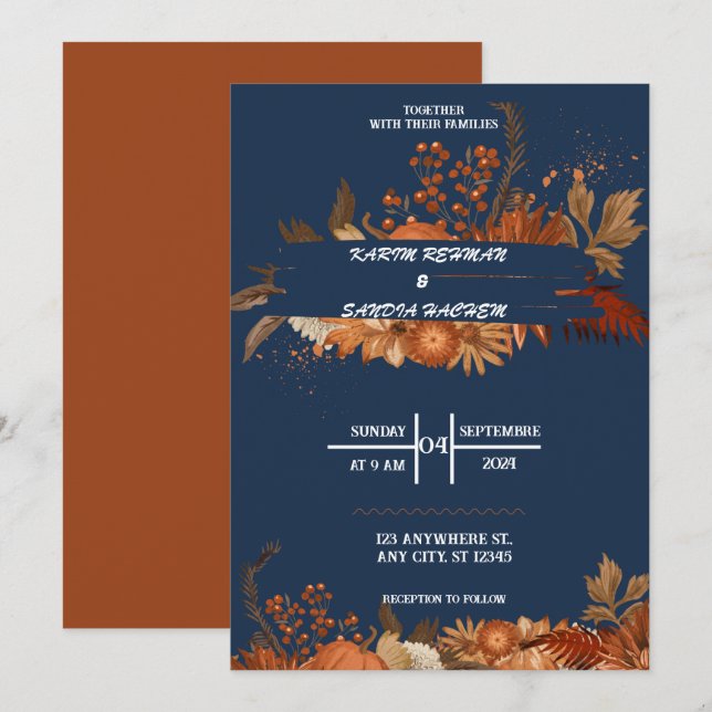 Ro Blommigt Navy Blue Bröllop Inbjudningar (Fram/baksida)