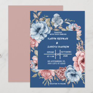 Ro Blommigt Navy Blue Bröllop Inbjudningar
