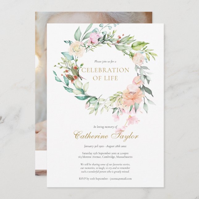 Ro Blommigt Photo Firande of Life Funeral Inbjudningar (Fram/baksida)