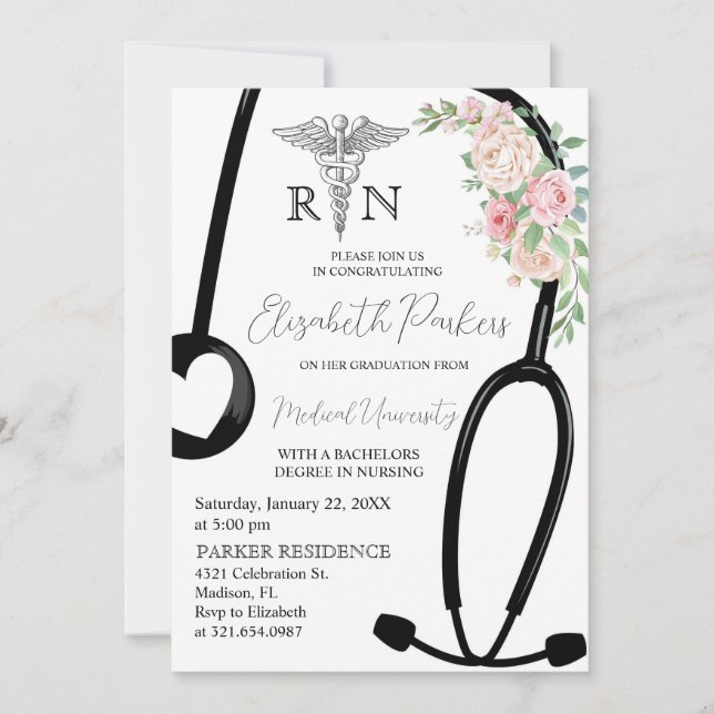 Ro Blommigt RN Nursing School Studentfest Inbjudningar (Framsida)