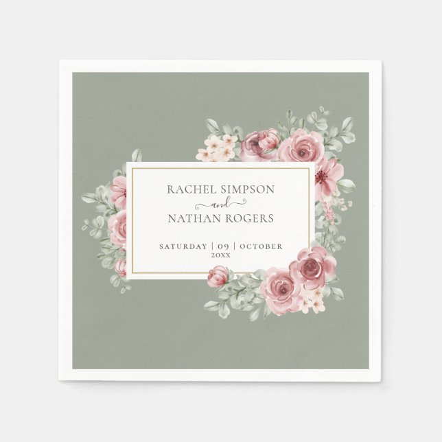 Ro Blommigt Sage Grönt Elegant Guld Geometric Pappersservett (Framsidan)