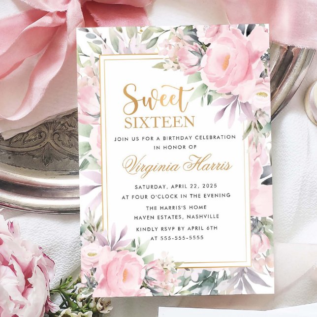  Ro Blommigt Sweet sixteen 16 Födelsedag Inbjudningar (Skapare uppladdad)