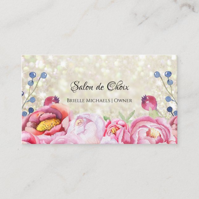 Ro Blommigt Vita Glitter Gnistra Hair och Beauty Visitkort (Framsida)