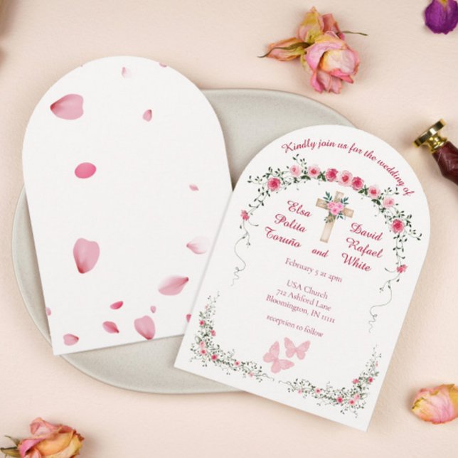 Ro Blommigt Watercolor Christian Bröllop Arch Inbjudningar (Roses Watercolor Floral with Cross Arch Wedding Invitation)