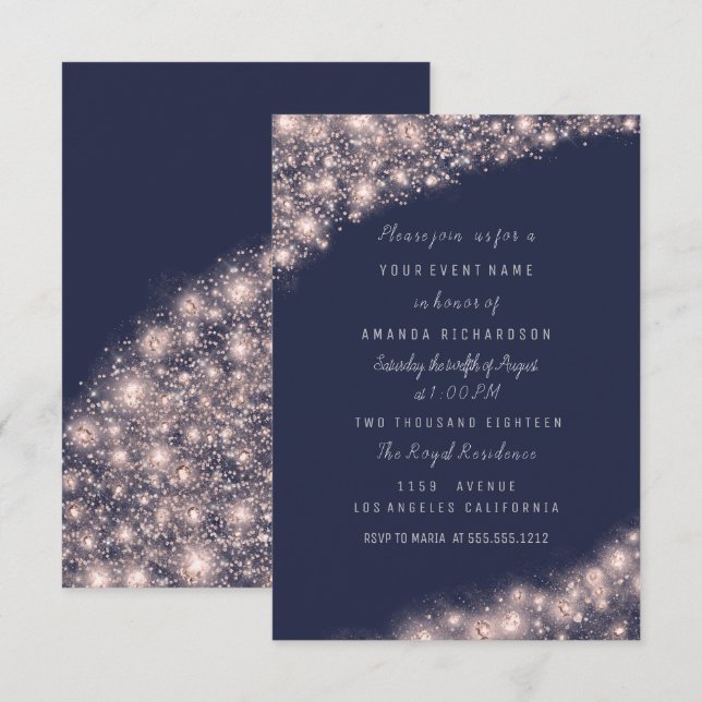 Ro Blue Navy Glitter Möhippa Birthday 16:e Inbjudningar (Fram/baksida)