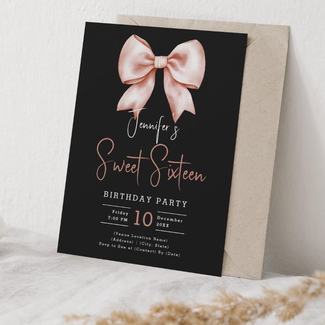 Ro Bow Coquette-skript, söt 16 Party svart Inbjudningar (Rose Gold Bow Coquette Script Sweet 16 Party Black Invitation)