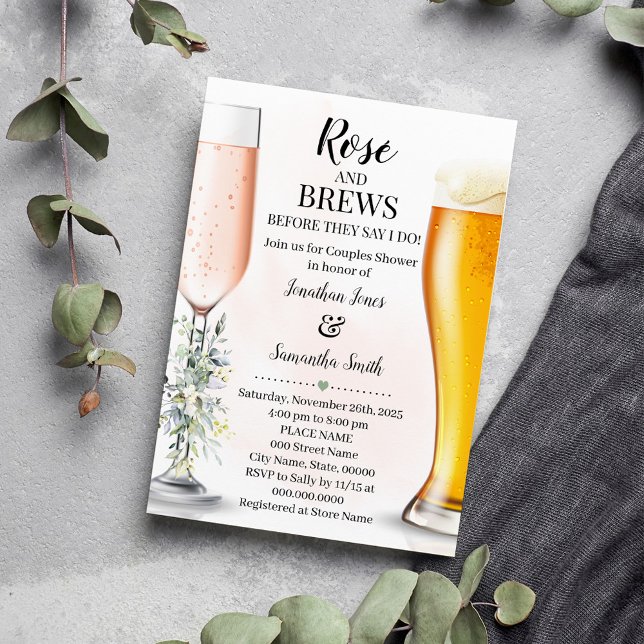 Ro & Brews Par Bröllop Eucalyptus Greenery Inbjudningar (Rose and Brews Before They say I do, Couples Shower Invitation)