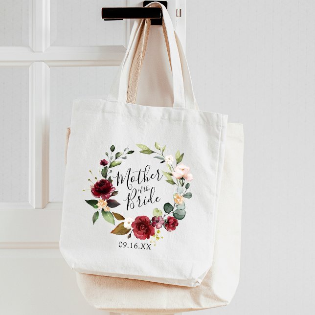 Ro Burgundy Blommigt WAN Budens mamma Tygkasse (Rose Burgundy Floral Wreath Mother of the Bride Tote Bag)
