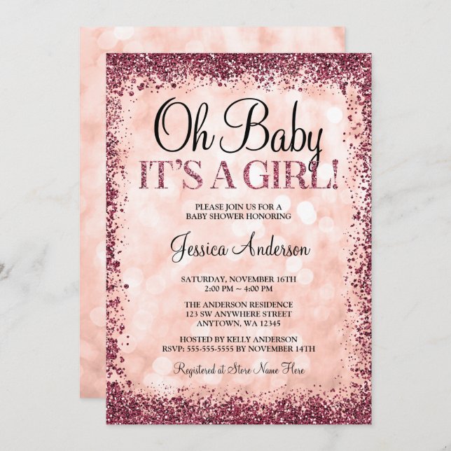 Ro Burgundy Glitter Ljus Flickbarnskor från Guld Inbjudningar (Fram/baksida)