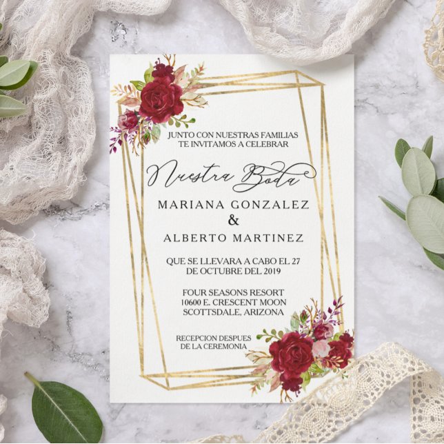 Ro Burgundy Nuestra Boda Guld Inbjudningar (Skapare uppladdad)