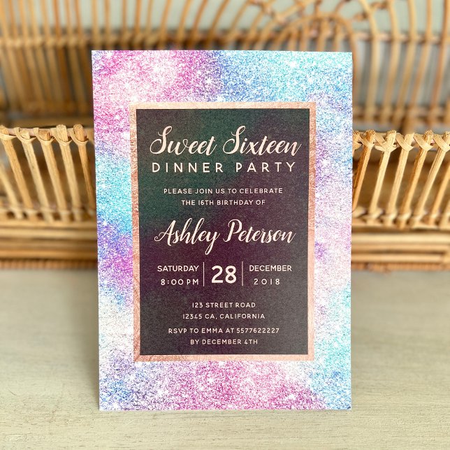ro chic nebula glitter typografi Sötvit 16 Inbjudningar (rose gold chic nebula glitter typography Sweet 16 Invitation)