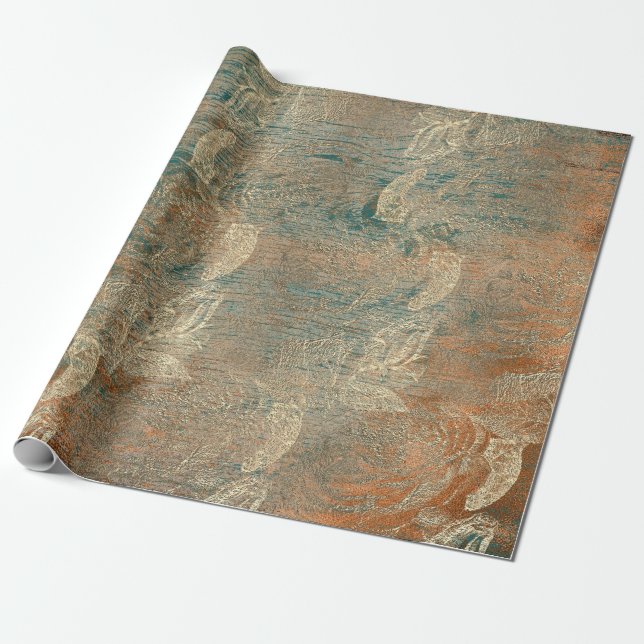 Ro Copper Orange Blommigt Wood Teal Guld Rustic Presentpapper (Utrullad)