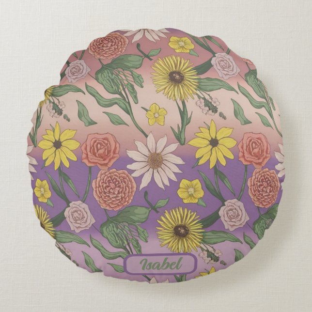 Ro, Daisy, solrosor och lilin Rund Kudde (Framsidan)