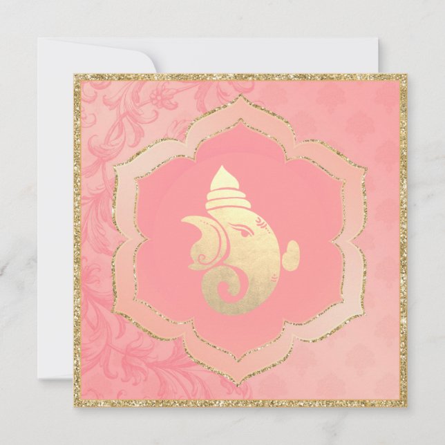 Ro Damask Guld Ganesh Indian Hindu Bröllop Inbjudningar (Framsida)