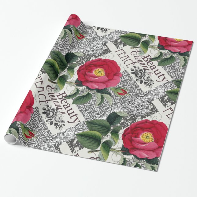 Ro Damask Söt Blommigt Antique Presentpapper (Utrullad)