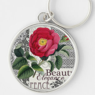 Ro Damask Söt Blommigt Antique Rund Silverfärgad Nyckelring