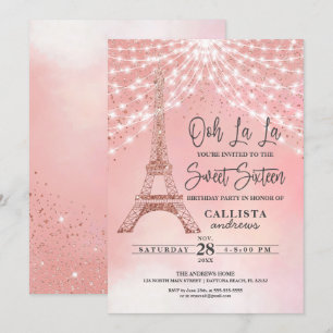 Ro Eiffel Torn Glitter Sparkles Ljus Sweet 16 Inbjudningar