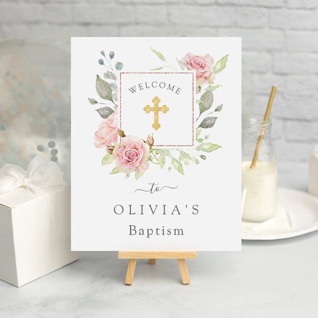 Ro | Elegant Rosa Blommigt Baptism Poster (A pretty welcome sign for your Baptism celebration)