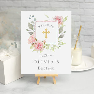 Ro Elegant Rosa Blommigt Baptism Poster