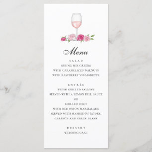Ro. Elegant rosa blommigt bröllop. Glas från vin Meny