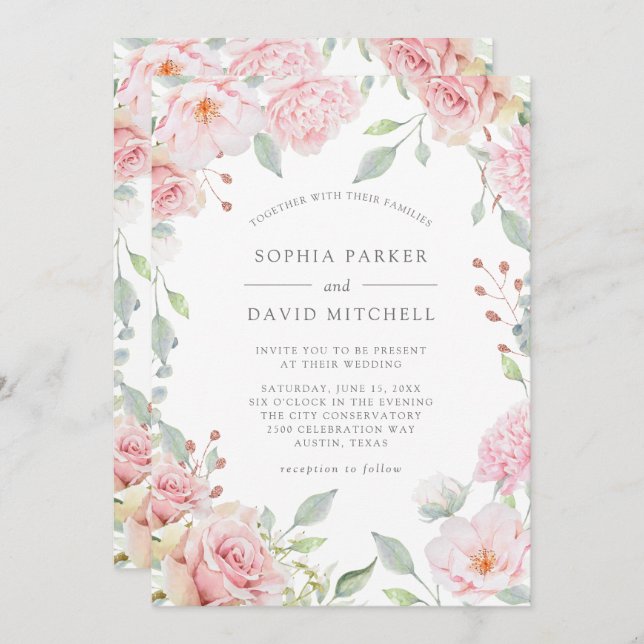 Ro | ELEGANT ROSA BLOMMIGT BRÖLLOP Inbjudningar (Fram/baksida)