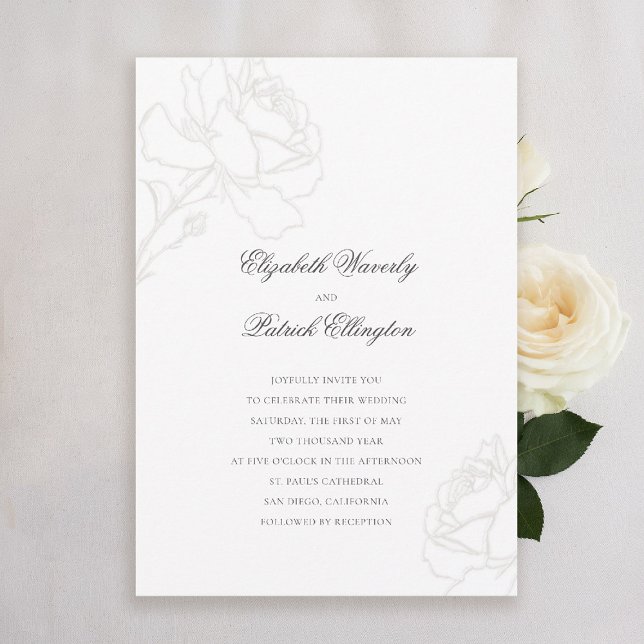 Ro Elfenbenskustens minimalistiska Svarta Bröllop Inbjudningar (formal traditional wedding invitation pale ivory roses black tie modern classic elegant minimalist)