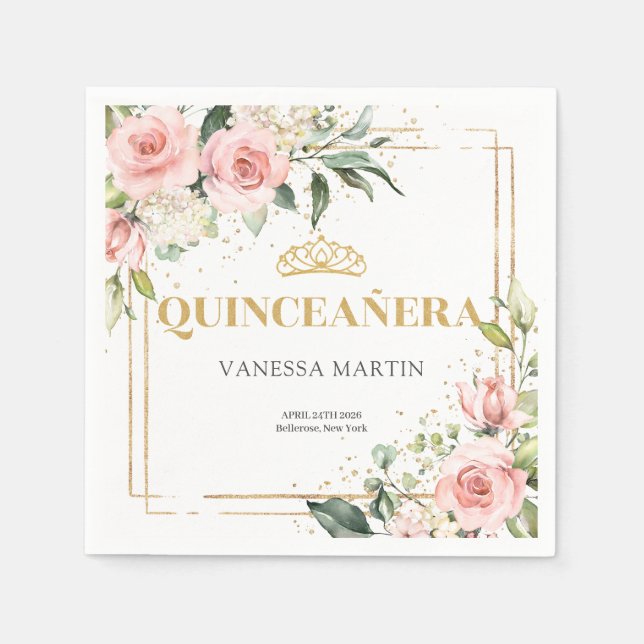  ro eucalyptus guld tiara 15-årsdagen pappersservett (Framsidan)