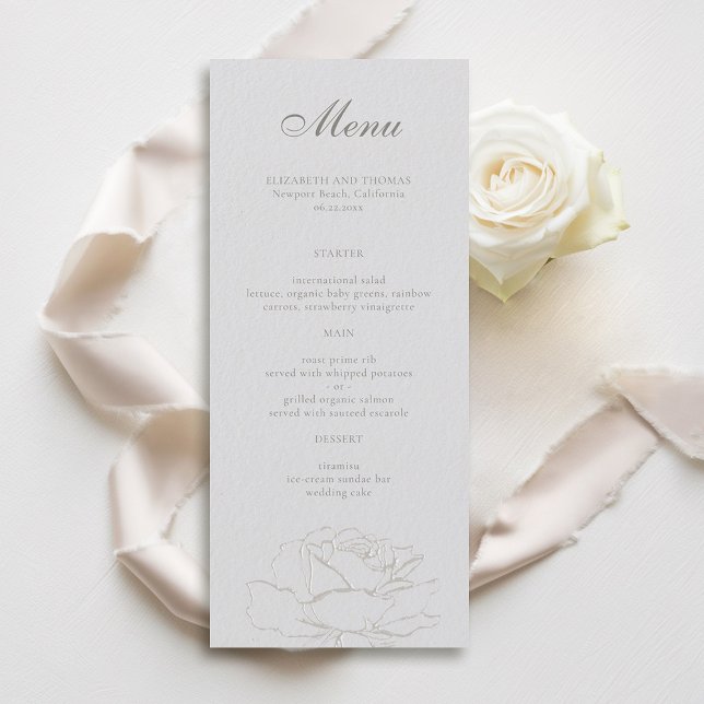 Ro Faux Embossed Forme Ivory Classic Bröllop Meny (formal wedding menu card traditional faux embossed roses floral ivory modern classic narrow)