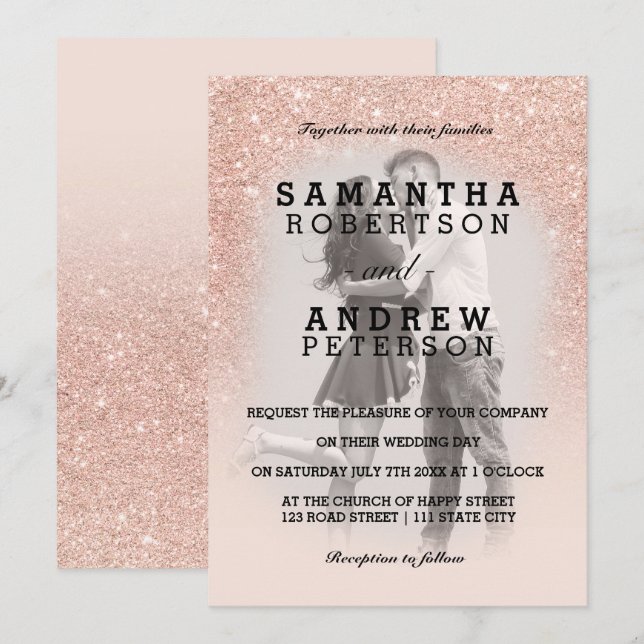 Ro faux faux glitter rosa ombre foto bröllop inbjudningar (Fram/baksida)