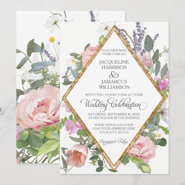 Ro Faux Glitter Romantic País Blommigt Art Inbjudningar (Fram/baksida)