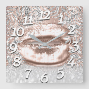 Ro FloralKiss Läppar Numbers Beauty Silver Fyrkantig Klocka