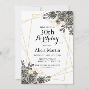 Ro Flower Black & Guld Woman Vuxen Birthday Inbjudningar
