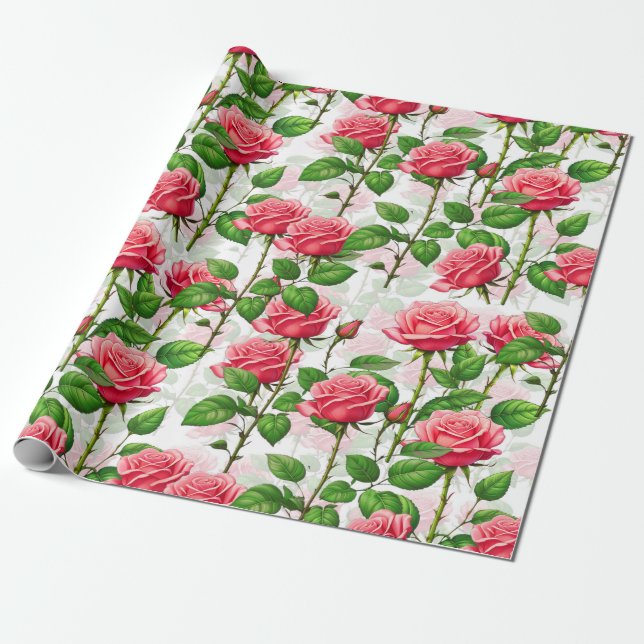 Ro Flower Blommigt Foliage Mönster Presentpapper (Utrullad)