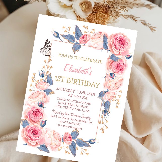 Ro Flowers Buttetrfly Stripe Birthday Inbjudningar (Skapare uppladdad)