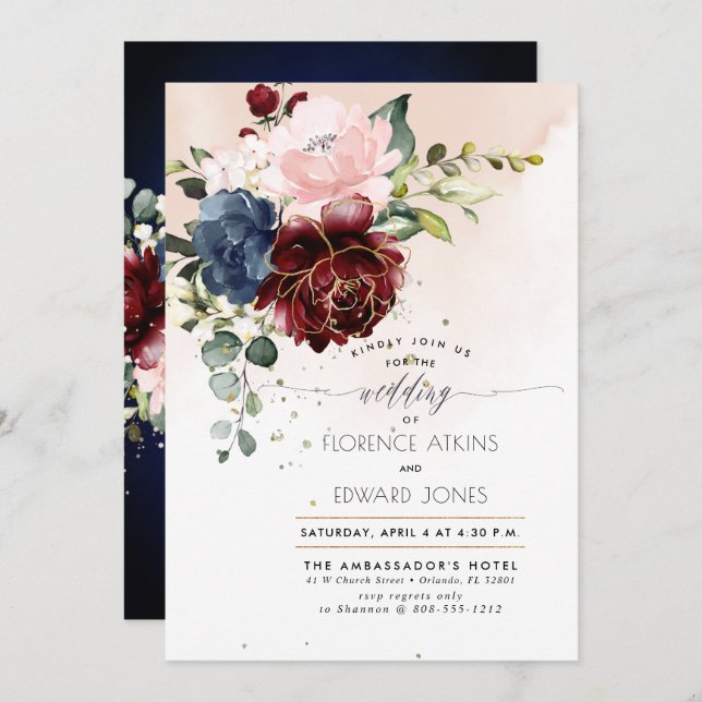  Ro för flodens vattenfärg i Burgundy Inbjudningar (Fram/baksida)