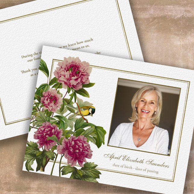 Ro-fotosympati för vanliga Blommigtar - tack för d Kort (Botanical Peony Luxury Bereavement Memorial Sympathy Funeral Thank You Card)