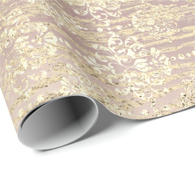 Ro Foxier Metallic Damask Guld Wood Rosa Presentpapper (Rullad Hörn)