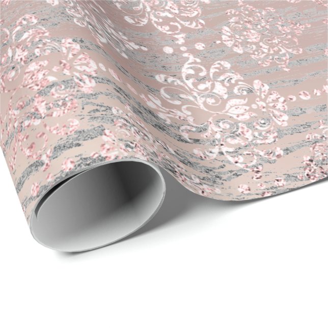 Ro Foxier Metallic Damask Guld Wood Rosa Presentpapper (Rullad Hörn)