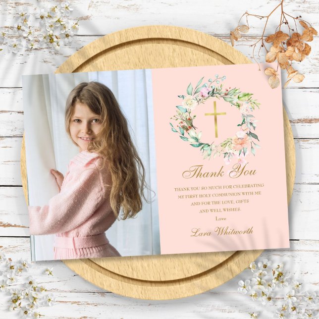 Ro Garland Blommigt First Heliga Communion Photo Tack Kort (Rose Garland Floral First Holy Communion Photo Thank You Card)