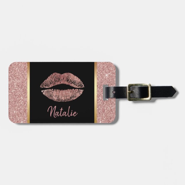 Ro Glam Läppar med Namn Modern Glitter Bagagebricka (Horisontell Framsida)