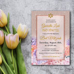 Ro Glitter Blommor Stjärnjud Bat mitzvah vid Guld Inbjudningar