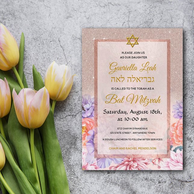 Ro Glitter Blommor Stjärnjud Bat mitzvah vid Guld Inbjudningar (Skapare uppladdad)