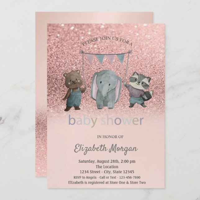 Ro Glitter Bokeh,Animals Baby Shower Inbjudningar (Fram/baksida)