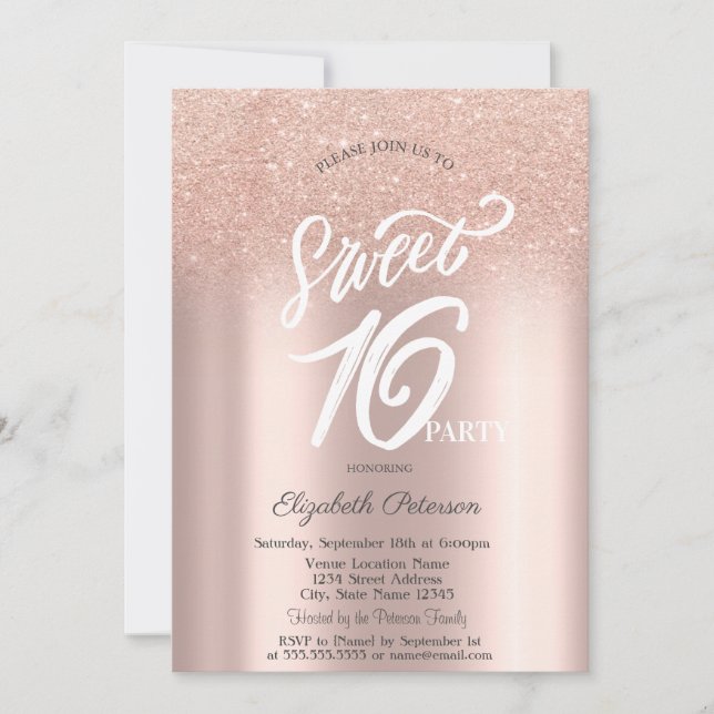Ro Glitter bokeh Ombre Sweet 16 Inbjudningar (Framsida)