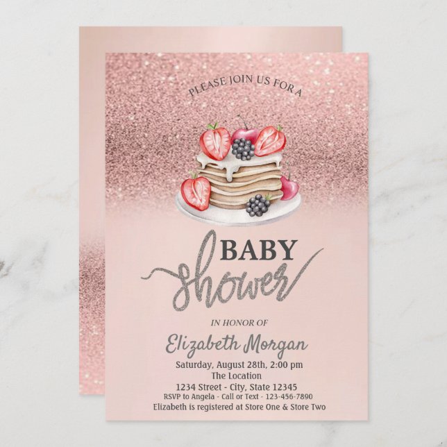 Ro Glitter bokeh, Pancakes Baby Shower Inbjudningar (Fram/baksida)