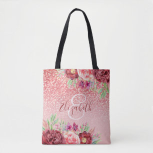 Ro Glitter Burgundy Blommigt Monogram Tygkasse