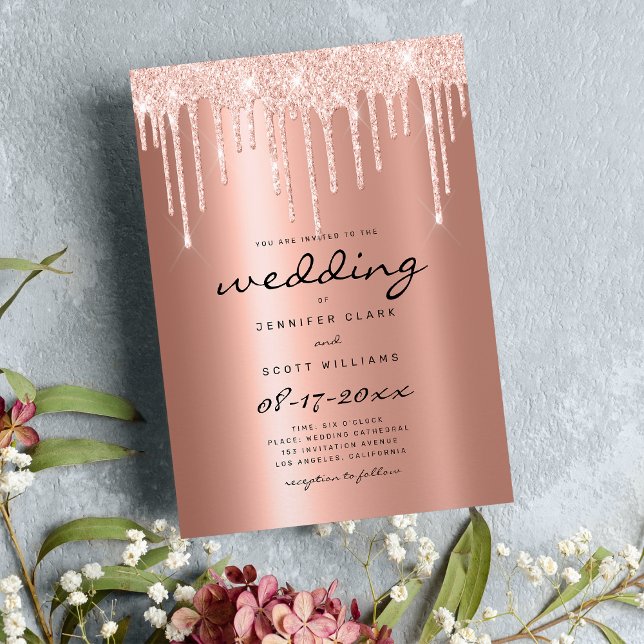  ro glitter droppar skript glam bröllop inbjudningar (Blush rose gold glitter drips script glam wedding)