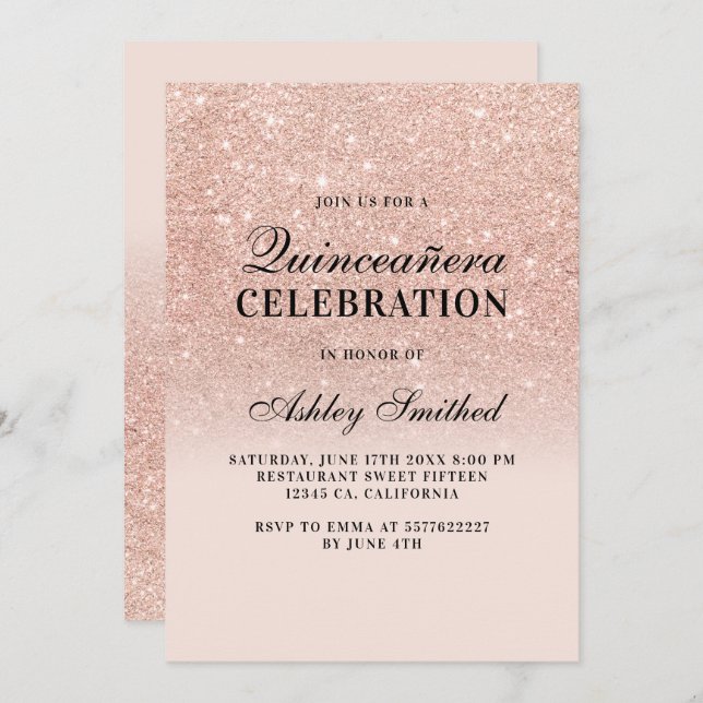 ro glitter elegant Quinceañera, fet guld Inbjudningar (Fram/baksida)