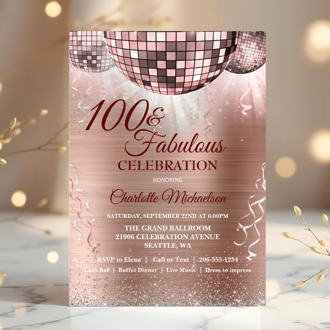 Ro Glitter Glam 100:e födelsedag Disco Boll Inbjudningar (Rose Gold Glitter Glam 100th Birthday Disco Ball Invitation)